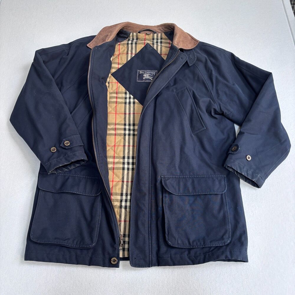 VTG Burberry's Chore Field Hunting Jacket Mens M Navy Blue Nova Check Preppy 80s